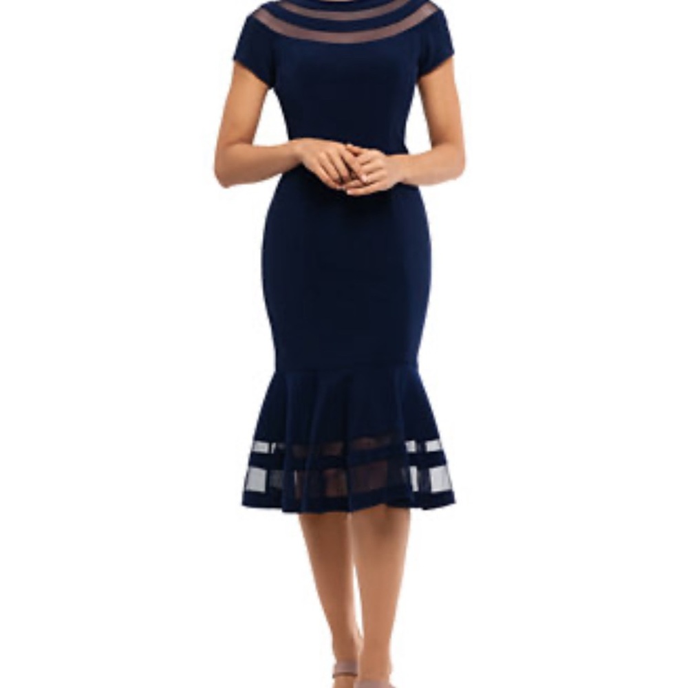XSCAPE Womens Navy V-Neck Midi Cocktail Mermaid Dress Size 4